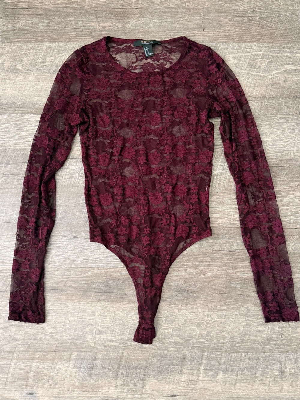 Forever 21 Burgundy Floral Lace Long Sleeve Bodysuit
